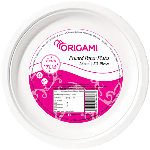 Origami Disposable Printed Poly Coated Paper Plates For Party - 23cm, 50 pcs Pouch Sturdy, Disposable