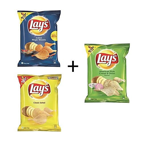 Lay's Potato Chips - Cream & Onion 55 gm + Indias Masala 55 gm + Classic Salted 55 gm, Combo 3 Items 