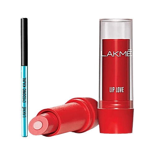 Lakme 9-5 Eyeconic Kajal, Deep Black, 0.35 g + Lip Love 3.8 g, Combo (2 Items) 
