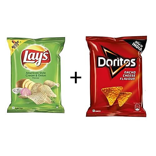 bb Combo Lays Potato Chips - American Style Cream 52 Gm + Doritos Nacho Cheese 40 Gm, Combo 2 Items 