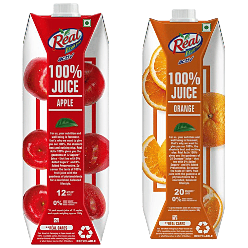 Buy Real Activ 100 Juice Orange 1L + Apple 1L No added Sugars