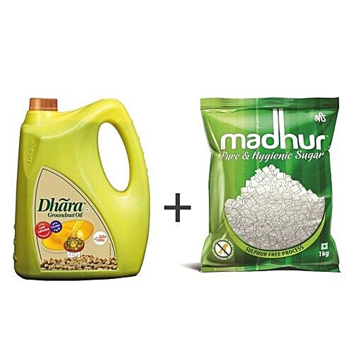 bb Combo Dhara  Oil - Groundnut 5L + Madhur Sugar - Refined 1Kg, Combo 2 Items 