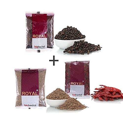 bb Royal Cumin - Whole, 100 gm + Red Chilli, 100 gm + Pepper - Black, 100 gm, Combo 3 Items 