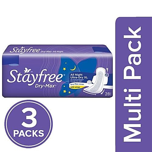 STAYFREE Sanitary Pads - Dry-Max All Night Ultra-Thin Xl, with Wings, 3x28 Pads Multipack 