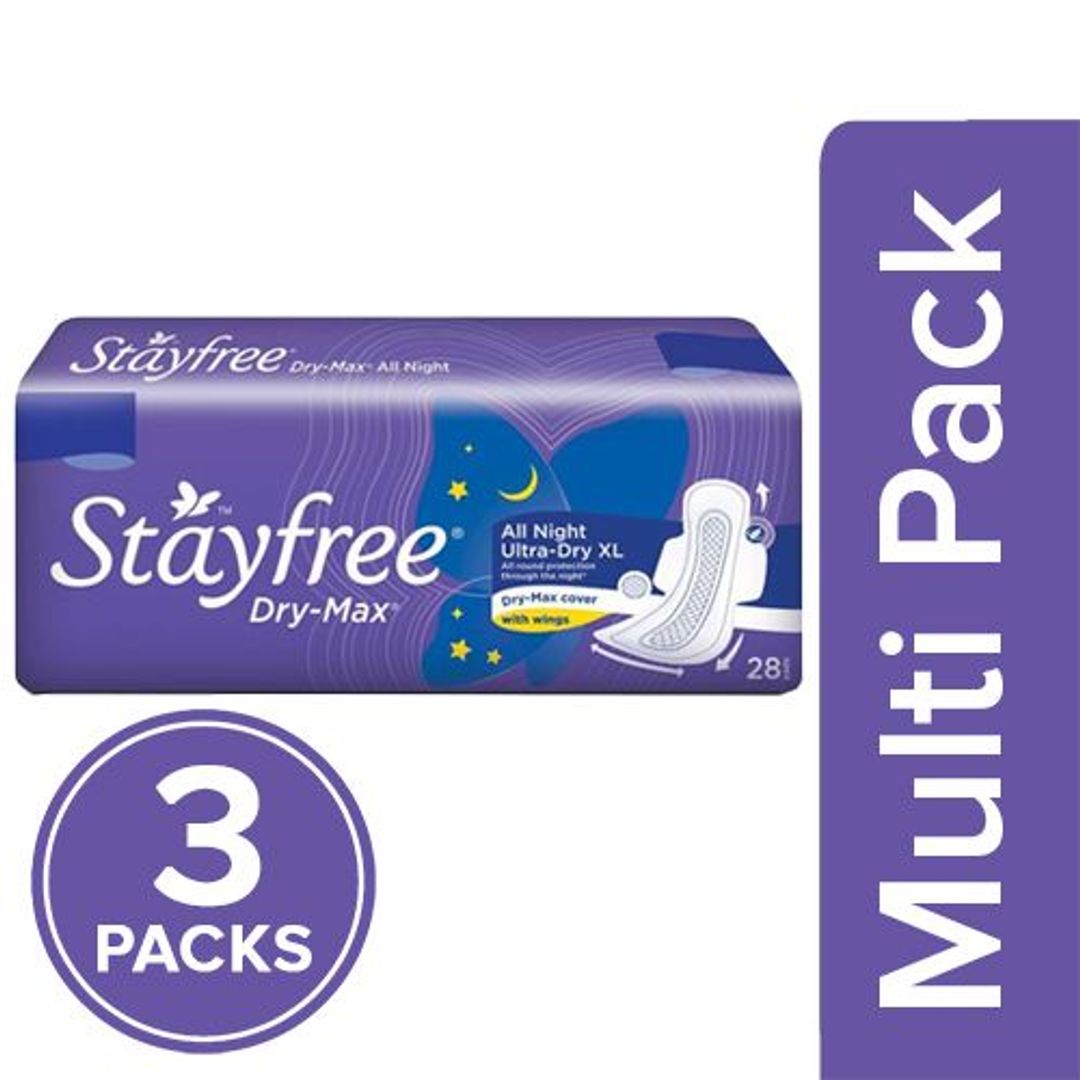 STAYFREE Sanitary Pads - Dry-Max All Night Ultra-Thin Xl, with Wings, 3x28 Pads Multipack