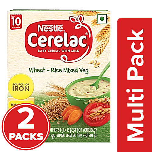 Nestle Cerelac Wheat-Rice Mixed Veg Baby Cereal With Milk - 10 To 24 Months, 2x300 g (Multipack) Source of Iron, Rich in Protein, 14 Nutrients Including Vitamins & Minerals