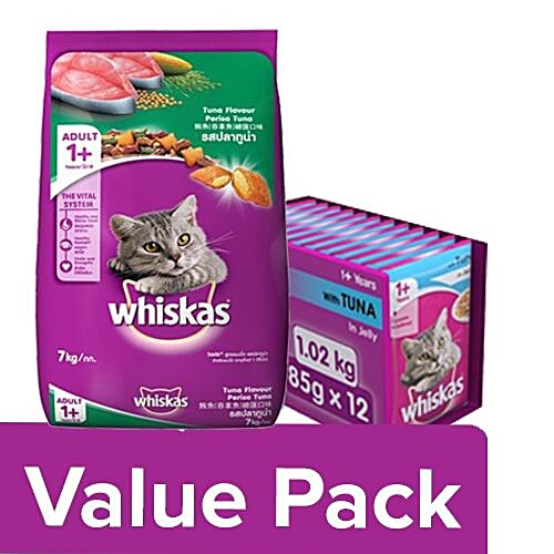 Whiskas Adult Cat Food Pocket Tuna 7 kg + Wet Meal Tuna In Jelly, for Adult Cat 1.02 kg, Combo 2 Items 