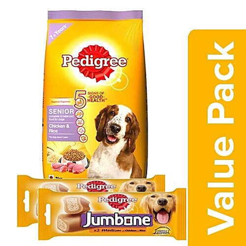 Pedigree Daily Food for Adult Dogs - Senior 3kg + Jumbone Treat Chicken & Rice 200G, Combo 2 Items 