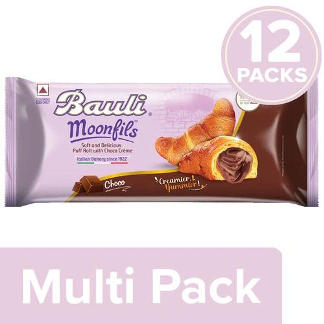 Bauli Moonfils - Choco Cream, Centre Filled Puff Rolls, Italian Recipe, Soft-Delicious, 12x50 g Multipack