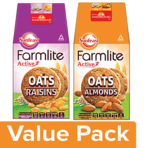 Sunfeast Farmlite Biscuit - Oats & Almonds 150g + Farmlite Biscuit - Oats & Raisins 150g, Combo 2 Items 