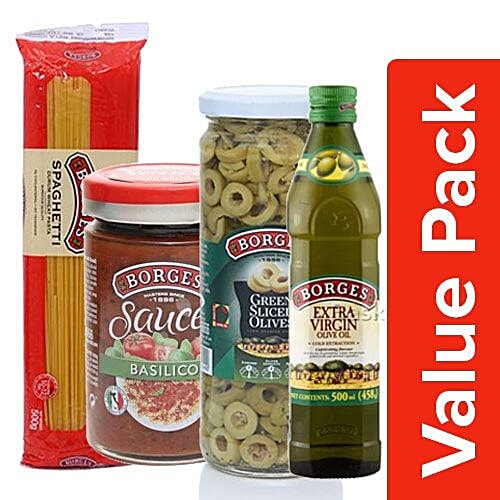 BORGES Durum Wheat Pasta 500g + Green Olives 450g + Olive Oil 500ml + Pasta Sauce 300g, Combo 4 Items 