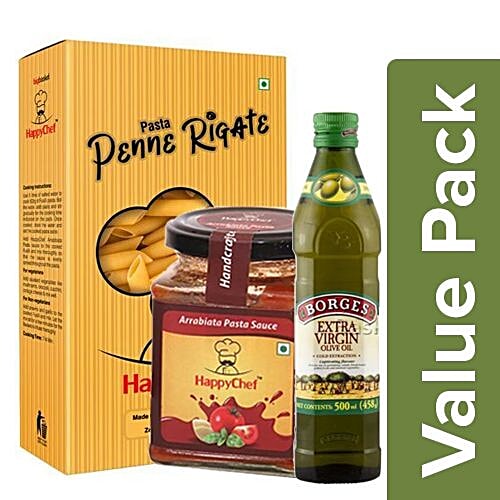 bb Combo Happy Chef Pasta- Penne Rigate 500g +Sauce - Arrabiata 270g +Borges Olive Oil 1L, Combo 3 Items 