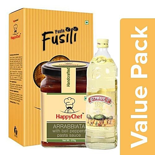 bb Combo Happy Chef Pasta- Fusilli 500g + Sauce - Arrabiata 270g + Borges Olive Oil 1L, Combo 3 Items 