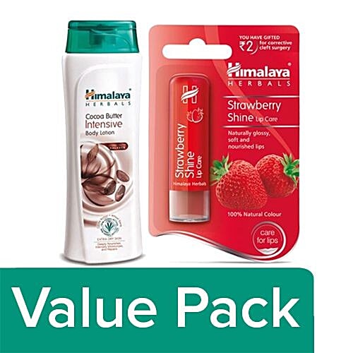 Himalaya Cocoa Butter Intensive Body Lotion + Strawberry Shine Lip Care, Combo 2 Items Hydra-Nutri Balance, 100% Natural Colour