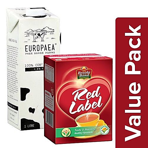 bb Combo Europaea Cow Milk - 3.5% Fat 1 ltr + Red Label Tea 500 gm, Combo 2 Items 