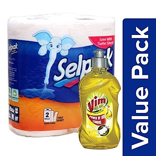 bb Combo Selpak Kitchen Towel Paper Tissue Roll 100pcs + Vim Dishwash Gel - Lemon 500ml, Combo 2 Items 