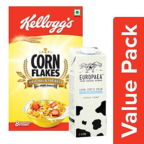 bb Combo Kelloggs Corn Flakes Original 475G + Europaea Cow Milk Double Toned, 1.5% Fat 1L, Combo 2 Items 