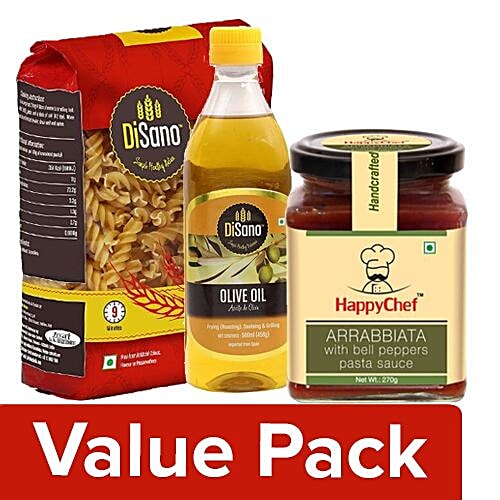bb Combo Disano Pasta Fusilli 500G + Olive Oil Pure 500ml + Happy Chef Pasta Sauce 270G, Combo 3 Items 