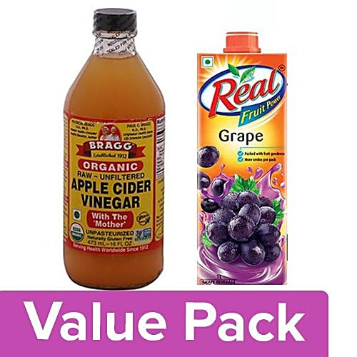 bb Combo Bragg Organic - Apple Cider Vinegar, 16Oz 473ml + Real Fruit Power Grape 1L, Combo 2 Items 