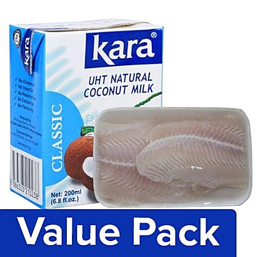 bb Combo Kara Coconut Milk - UHT Natural 200 ml + Fresho Meat Fish Fillet - Basa 500 gm, Combo 2 Items 
