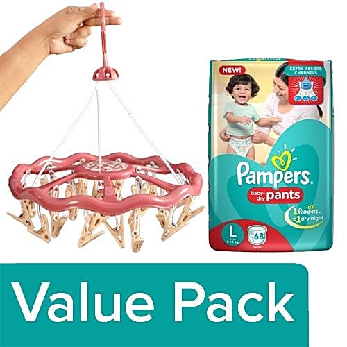 bb Combo DP Plastic Hanger Clips Assorted, Set Of 16 + Pampers Diapers Large 68Pcs, Combo 2 Items 