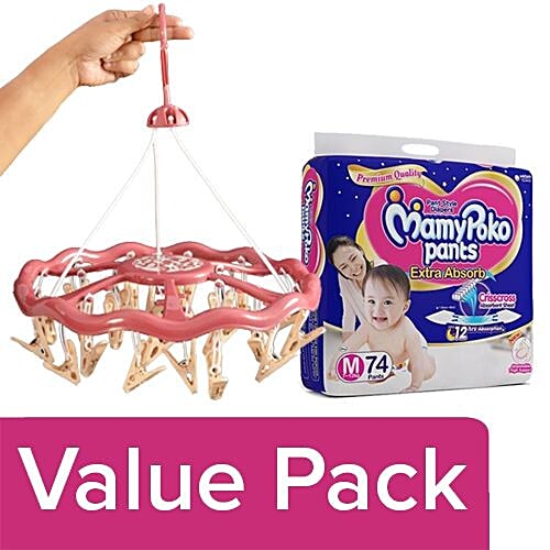 bb Combo Enwei Plastic Hanger Clips Assorted Set Of 24 + Mamypoko Diapers Medium 74Pcs, Combo 2 Items 