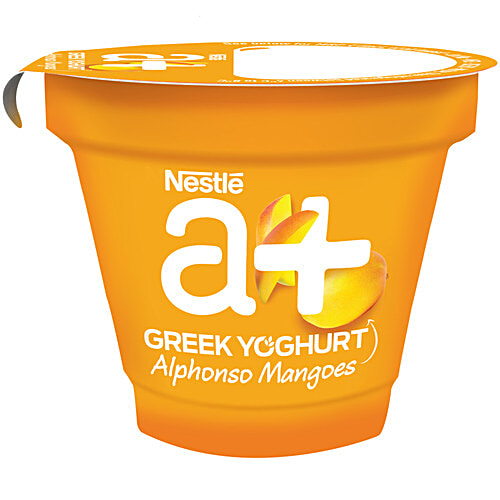 Nestle A+ Alphonso Mangoes Greek Yoghurt, 4x90 g (Multipack) Deliciously Creamy with More Fruits, Low Fat Treat