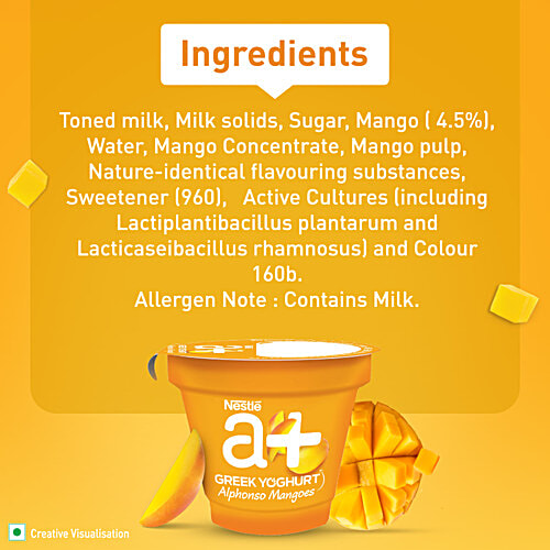 Nestle A+ Alphonso Mangoes Greek Yoghurt, 4x90 g (Multipack) Deliciously Creamy with More Fruits, Low Fat Treat