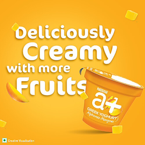 Nestle A+ Alphonso Mangoes Greek Yoghurt, 4x90 g (Multipack) Deliciously Creamy with More Fruits, Low Fat Treat