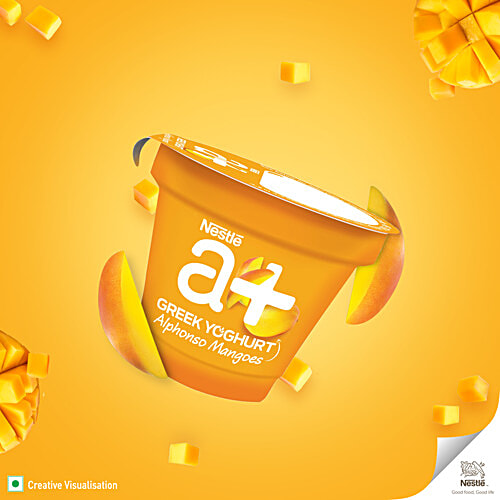 Nestle A+ Alphonso Mangoes Greek Yoghurt, 4x90 g (Multipack) Deliciously Creamy with More Fruits, Low Fat Treat