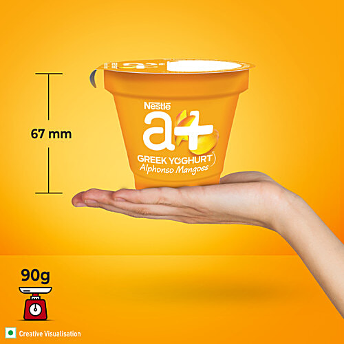 Nestle A+ Alphonso Mangoes Greek Yoghurt, 4x90 g (Multipack) Deliciously Creamy with More Fruits, Low Fat Treat
