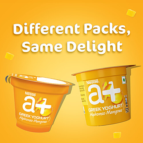 Nestle A+ Alphonso Mangoes Greek Yoghurt, 4x90 g (Multipack) Deliciously Creamy with More Fruits, Low Fat Treat
