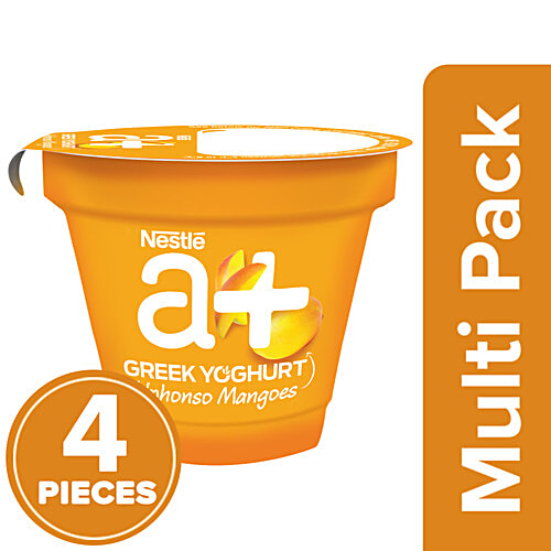 Nestle A+ Alphonso Mangoes Greek Yoghurt, 4x90 g (Multipack) Deliciously Creamy with More Fruits, Low Fat Treat