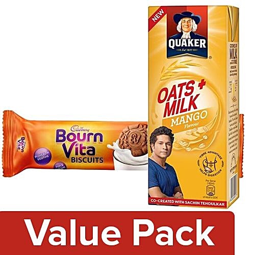 bb Combo Quaker Oats+Milk Mango Flavor 180ml + Bournvita ProHealth Chocolate Cookie 120G, Combo 2 Items 