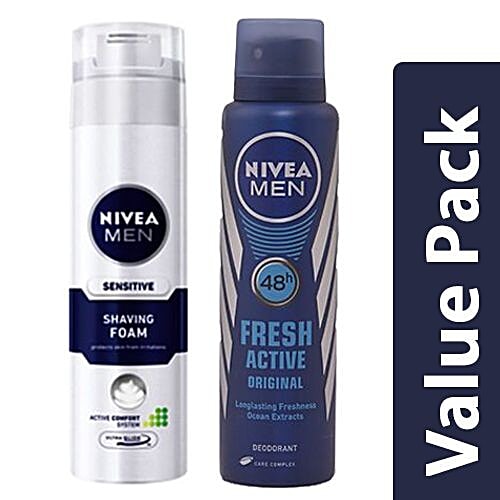 Nivea Shaving Foam - Sensitive for Men 200ml + Deodorant Fresh Active (for Men) 150ml, Combo 2 Items