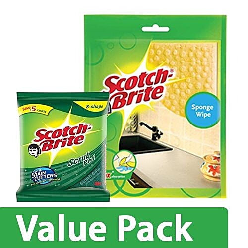 Scotch brite Scrub Pad Regular Super Saver 3pcs + Sponge Wipe Large 1pc, Combo 2 Items 