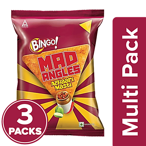 Bingo! Mad Angles Achaari Masti - Mango Pickle Flavour Crunchy Triangle Chips Pack, 3 x 60 g Multipack 