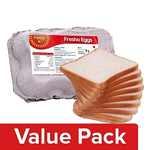 Fresho Sandwich Bread - White, Chemical Free 400G + Eggs - Regular 6pcs, Combo 2 Items 