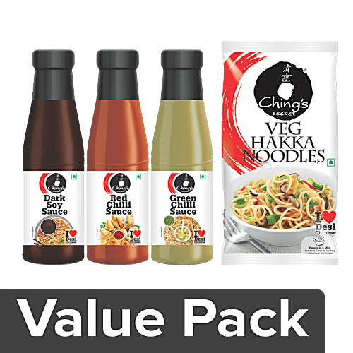 Chings Sauce - Dark Soy 200G+Green Chilly 190G+Red Chilli 200G+Hakka Noodles Veg 150Gx2, Combo 4 Items 