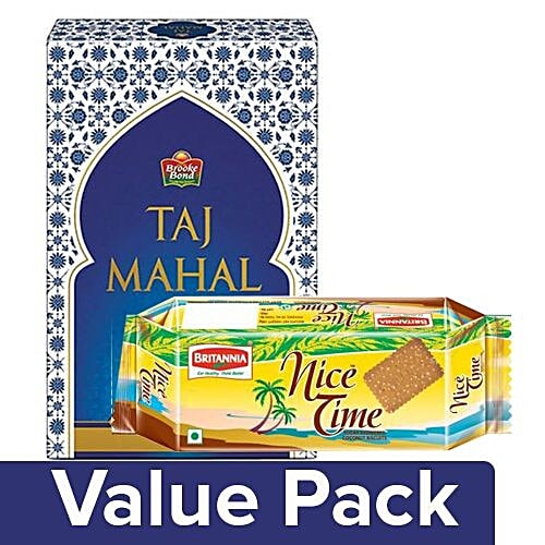 bb Combo Taj Mahal Tea 500Gm + Britannia Nice Time Sugar Showered Coconut Biscuits 143 Gm, Combo 2 Items 