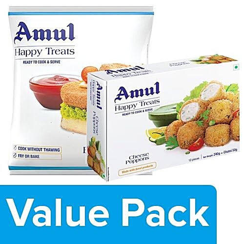Amul Happy Treats Veg Burger Patty 360G + Ready to Cook & Serve Cheese Poppons 300G, Combo 2 Items 