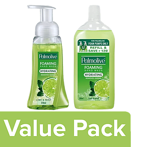 Palmolive Hand Wash Hydrating, Foaming, Lime & Mint - 250 ml Pump + 500 ml Refill Pack, Combo 2 Items 