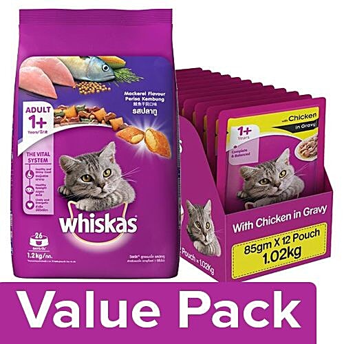 Whiskas Dry- Mackerel Flavor 1.2kg+Wet- Chicken in Gravy (for Adult cats) 85G Pack of 12, Combo 2 Items 
