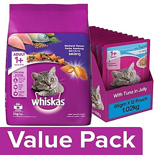 Whiskas Dry - Mackerel Flavor 3kg + Wet - Tuna in Jelly (for Adult cats) 85G Pack of 12, Combo 2 Items 