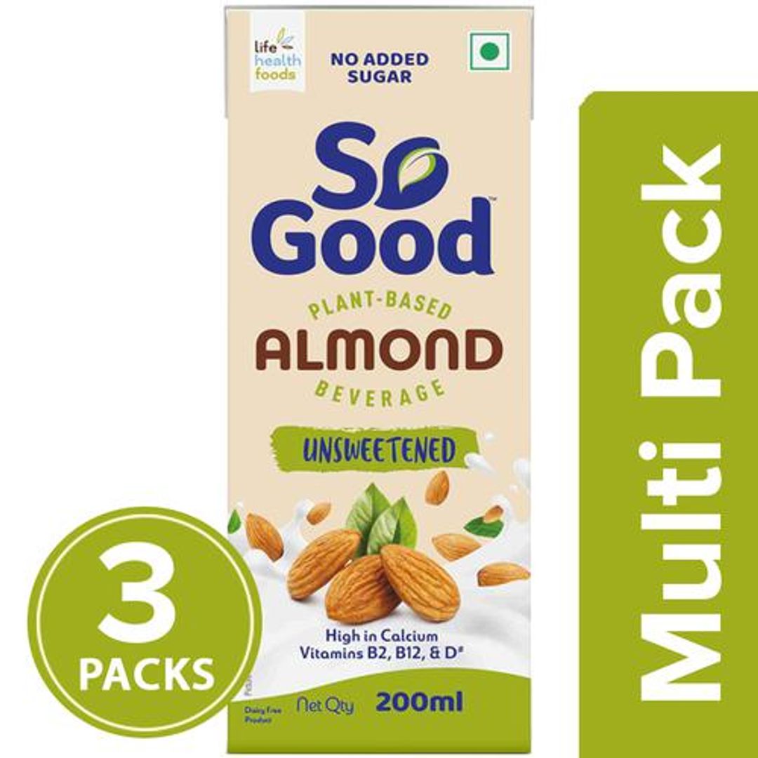 So Good Plant-Based Almond Beverage - Unsweetened, 3x200 ml Multipack (Pack of 3)