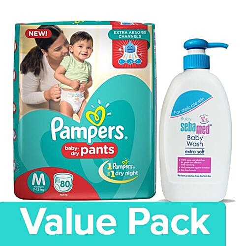 bb Combo Pampers Pants Diapers - Medium Size 80pcs + Sebamed Baby Wash - Extra Soft 400ml, Combo  