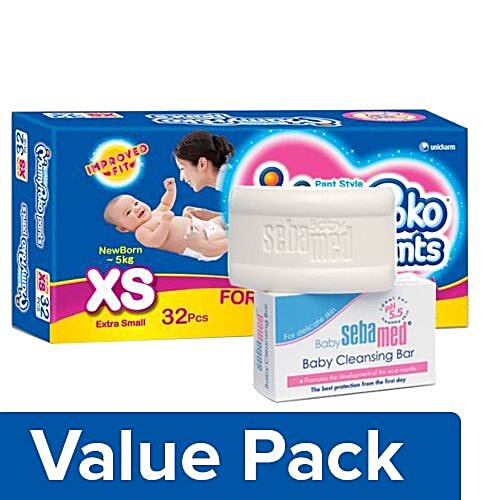 bb Combo MAMYPOKO Pants Style Diapers Xs Upto 5kg 32pc + Sebamed Baby Cleansing Bar 100G, Combo  