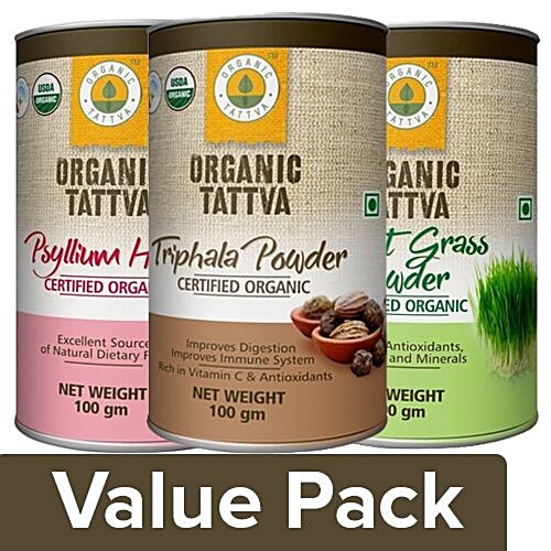 Organic Tattva Organic - Psyllium Husk 100G + Wheat Grass Powder 100G + Triphala Powder 100G, Combo 3 Items 