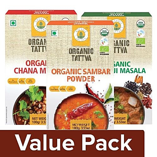 Organic Tattva Organic - Chana Masala 100G + Pav Bhaji Masala 100G + Sambar Powder 100G, Combo 3 Items 