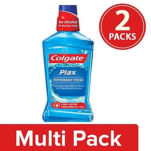 Colgate Mouthwash - Plax Pepper Mint, Alcohol Free, Imported, 2x250 ml Multipack 